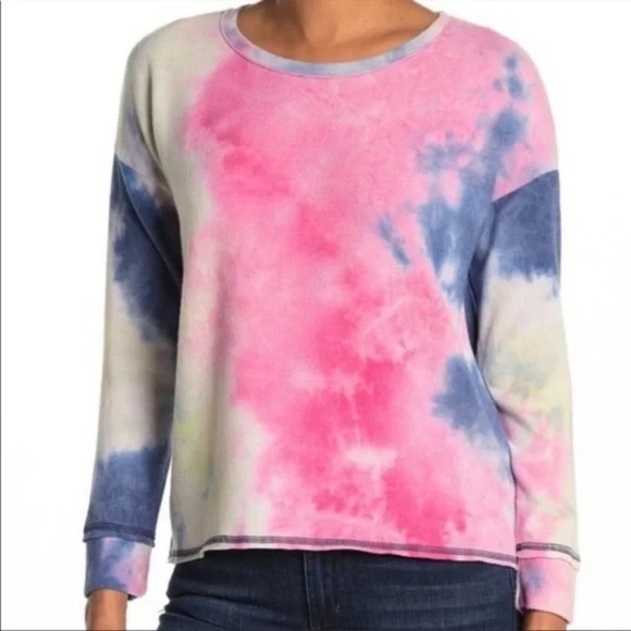 Gibson Crew Neck Long Sleeve Tie Dye Blue Fucsia Top Size XS - Picture 1 of 7